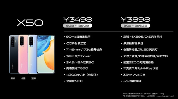 售價最低3498元起 vivo X50明天開售